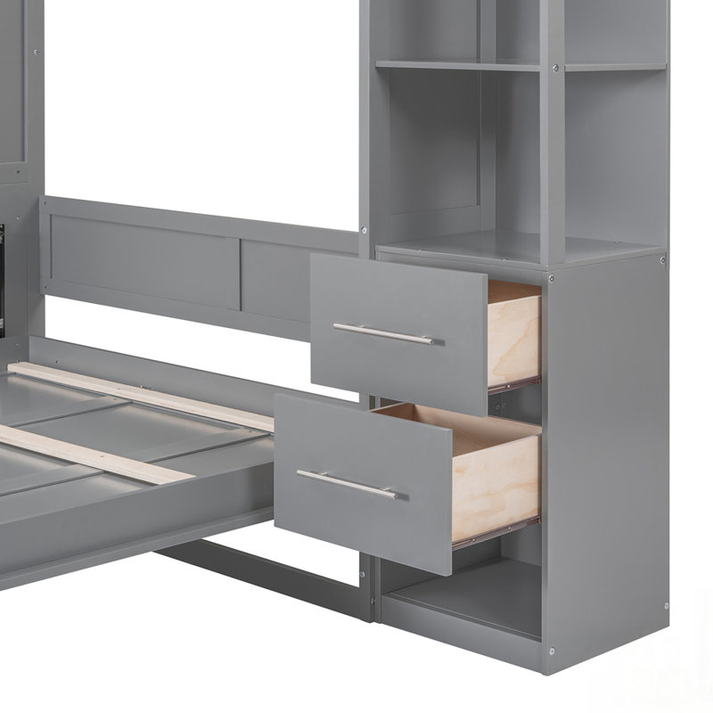 Murphy Wall Bed with Built-in Shelves and Soft LED Lighting, Queen, Gray