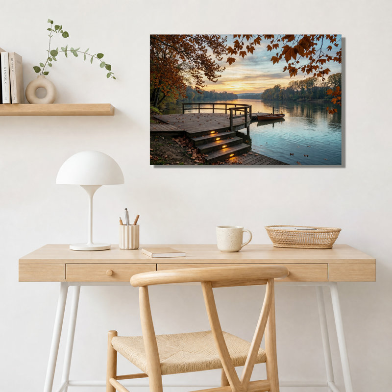 Tableau sur toile « Feuilles d'automne et quai en bois au coucher du soleil », H 20 po x l 30 po