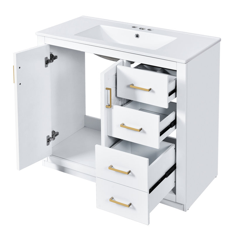 Meuble-lavabo de 36 pouces avec lavabo en céramique, glissière à tiroir lisse en bois massif, charnières, rangement spacieux, finition blanche, style moderne, cadre de rangement facile à assembler, planches, trois tiroirs, portes,