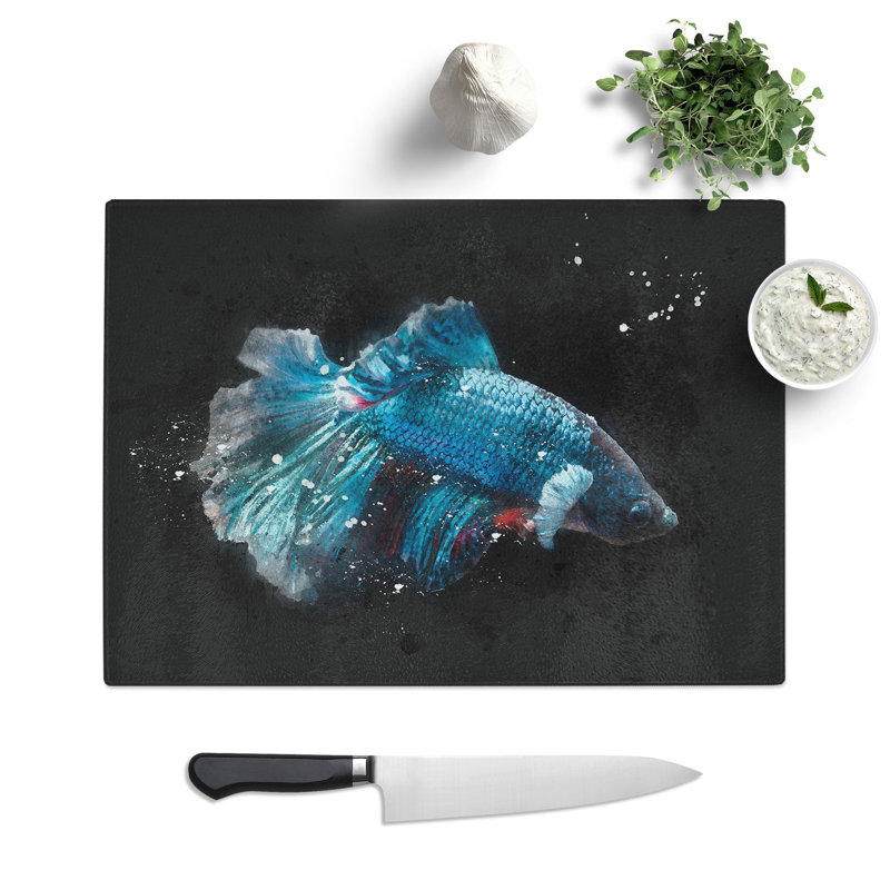 Tempered Glass Blue Siamese Fighting Fish Chopping Board, 28.5 cm x 39 cm