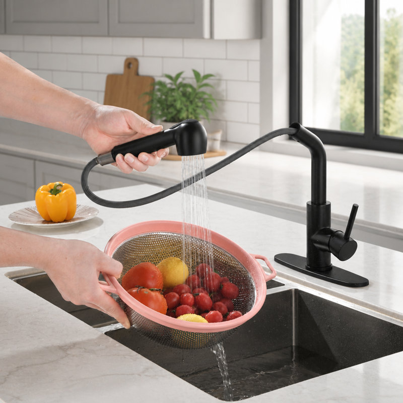Robinet de cuisine noir mat avec douchette amovible, poignée unique pour un contrôle facile de la température et rotation à 360°