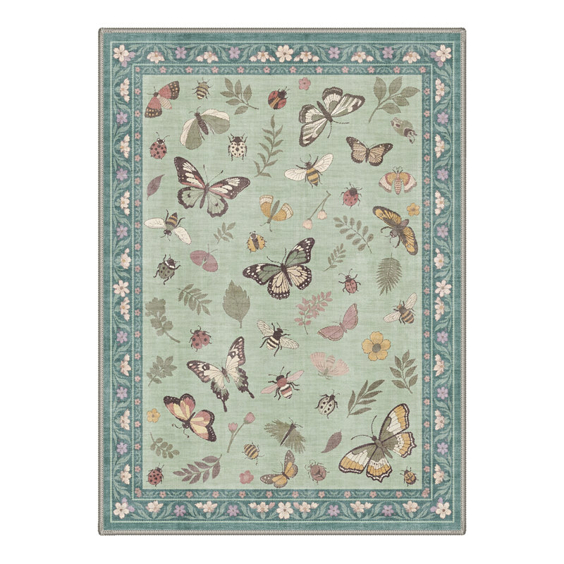 Green Butterfly Bee Botanical Machine Washable Non Slip Stain Resistant Area Rug, Rectangle 5' x 7'