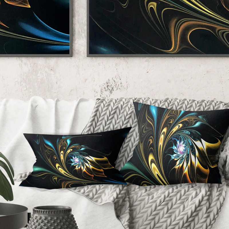 Brown Blue Fractal Flower in Black - Abstract Printed Pillow