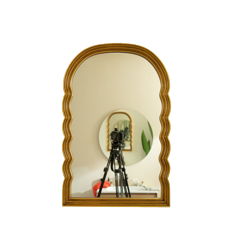 24" X 35" Lumina Retro Scalloped Arch Mirror, Gold Wavy PU Frame With Smart LED Light, Dimmable Wall Decor