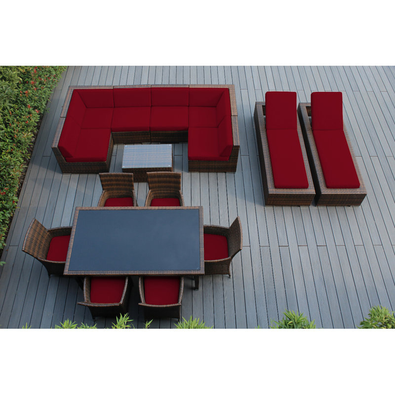 Ensemble de patio 16 pièces en rotin avec coussins Pavior, Mélange de bruns, Toile Sunbrella® rouge Jockey