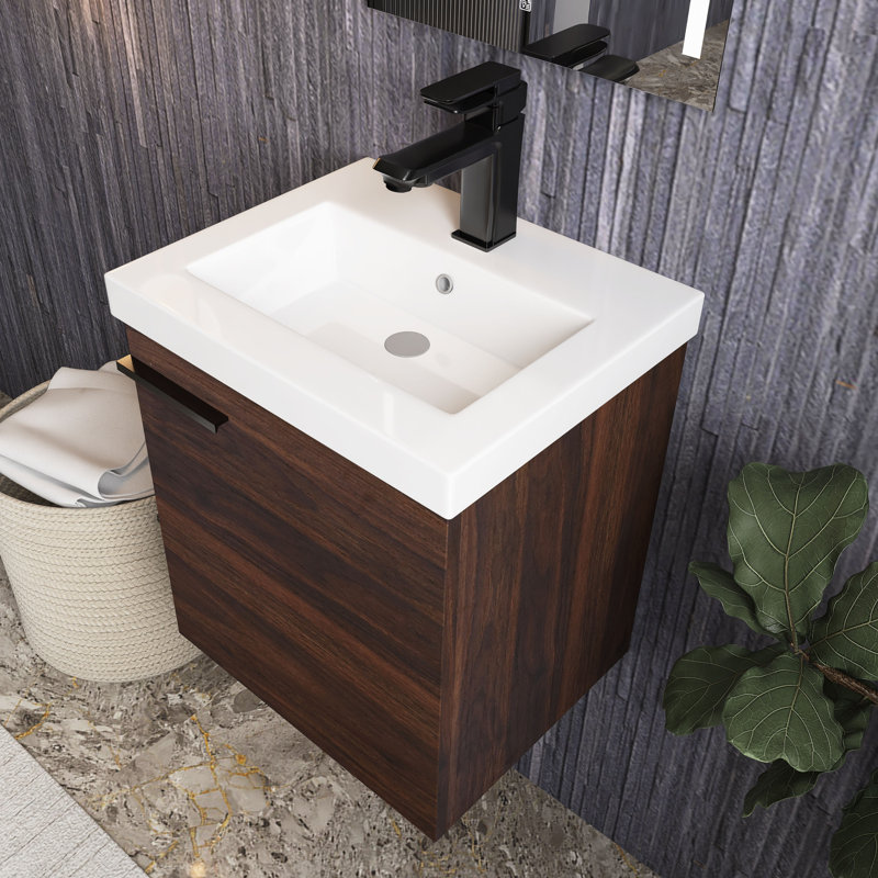 Ensemble de meuble-lavabo mural simple 18 po avec plateau Reyona, Noyer de Californie