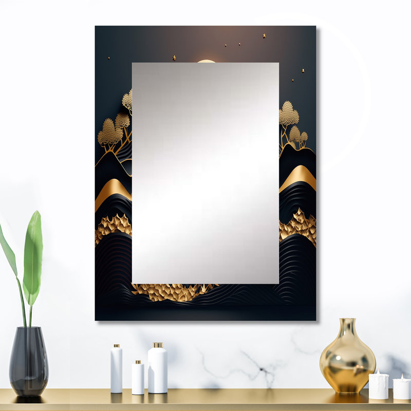 Dreamy Golden Mountain IV - grand miroir en marbre, décor de miroir mural moderne unique, impression d'art en métal