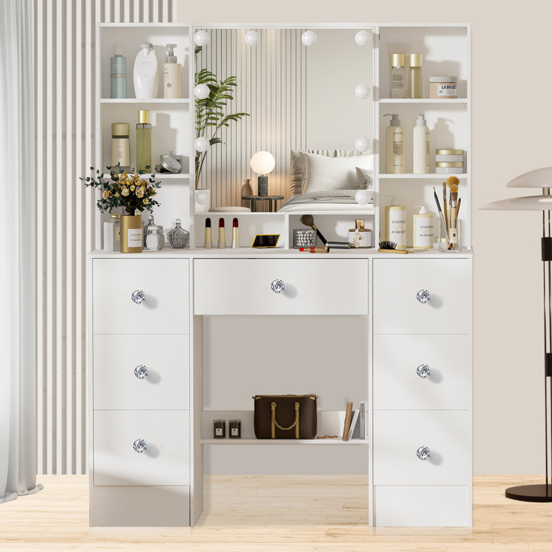 Ensemble de coiffeuse avec lumières DEL et bureau de maquillage à miroir avec 7 tiroirs