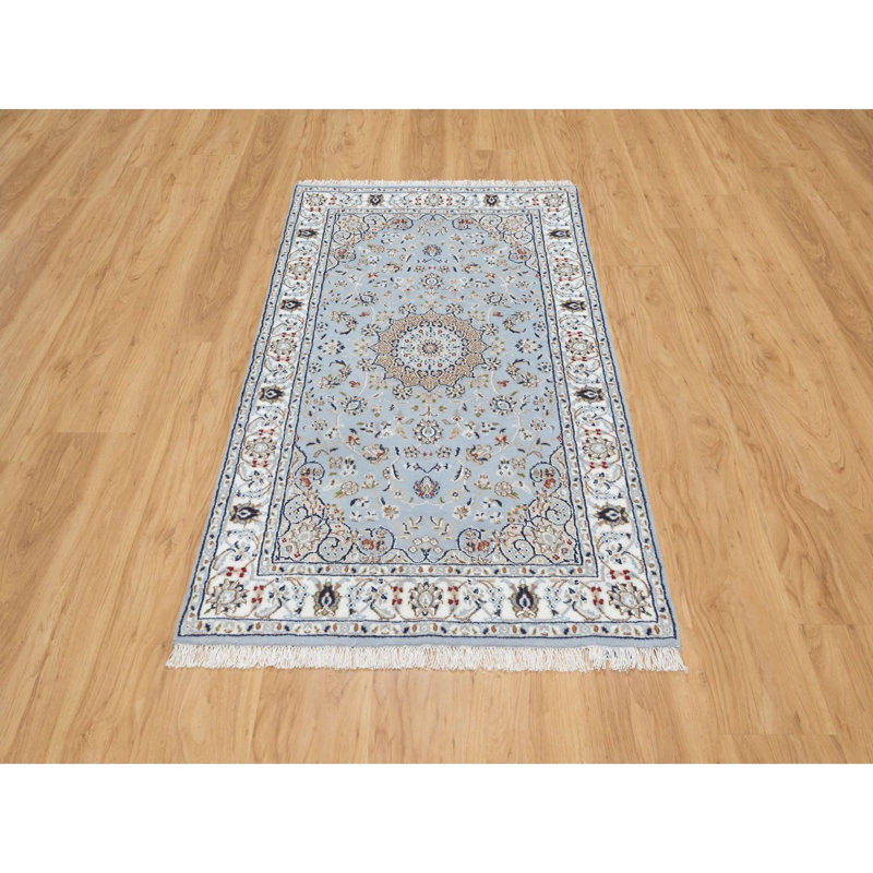 Tapis bleu noué à la main 3 pi 0 po x 5 pi 2 po, bleu Kran, 250 KPSI, laine et soie