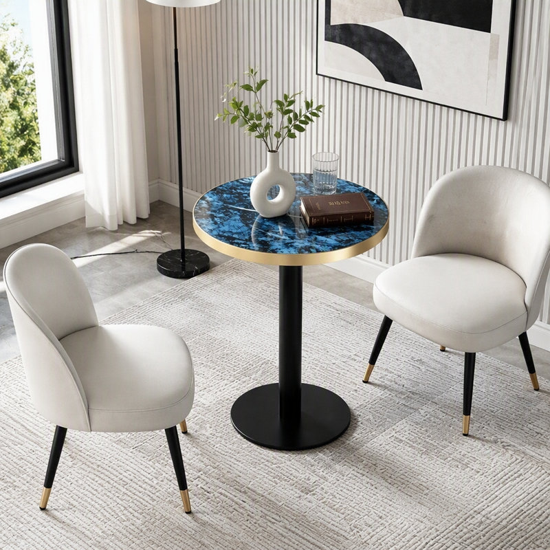 Table bistro ronde de 23,6 pouces avec bordure en acier inoxydable, Black,Gold+Blue