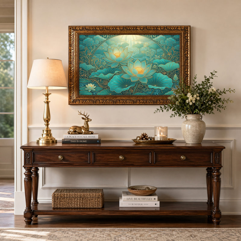 Natural Wood Framed,Canvas Wall Art for Living Room, Bedroom, Office or Entryway – Decorative Wall Decor with Lotus Garden