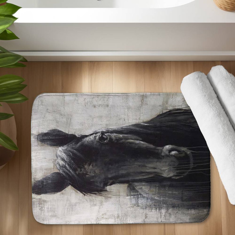 Black horse Bath Mat with Non-Slip Backing - Quick Dry Memory Foam Bathroom Rug - Absorbent - Modern Plush Spa-Style - Machine Washable