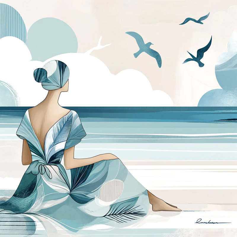 «Serene Contemplation: Woman with Seagulls», art mural sur toile tendue, H 12 po x l 12 po x P 1 po