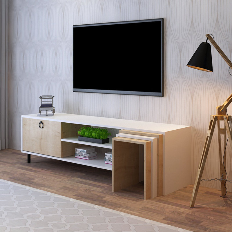 Meuble télé moderne avec option de fixation murale, chêne et blanc, 70,9 po x 21,7 po x 15,7 po | 100% panneau de particules enduit de mélamine, épaisseur: 0,7 pouce | Comprend 3 tables gigognes et plusieurs tablettes, une conception élégante pour le salon et les espaces de divertissement
