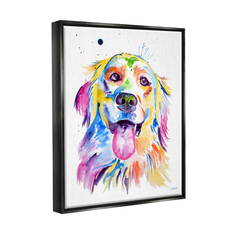 Impression sur toile, "Happy Dog Face", aquarelle, Cadre flottant noir de jais, H 31 po x l 25 po x P 1,7 po