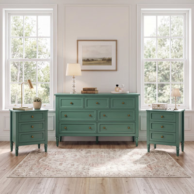 Ensemble de meubles de chambre à coucher 3 pièces avec commode 7 tiroirs et 2 tables de chevet 3 tiroirs, vert