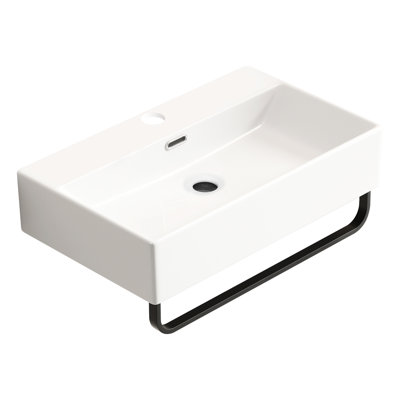 Small Bathroom Wall - Mounted Sink In White, American Design, Space Saving, Integrated Towel Bar, High Density Ceramic Style,