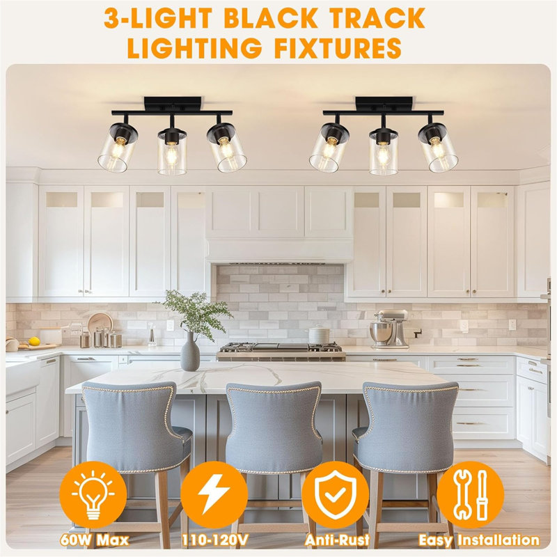 3-Lights Semi Flush Mount Ceiling Light with Clear Glass Shade, Matte Black
