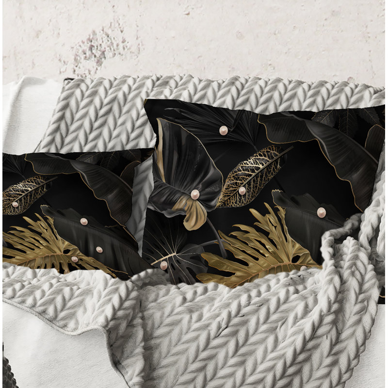 Carré, feuilles tropicales noires et dorées III - Coussin décoratif imprimé moderne, 16" x 16"