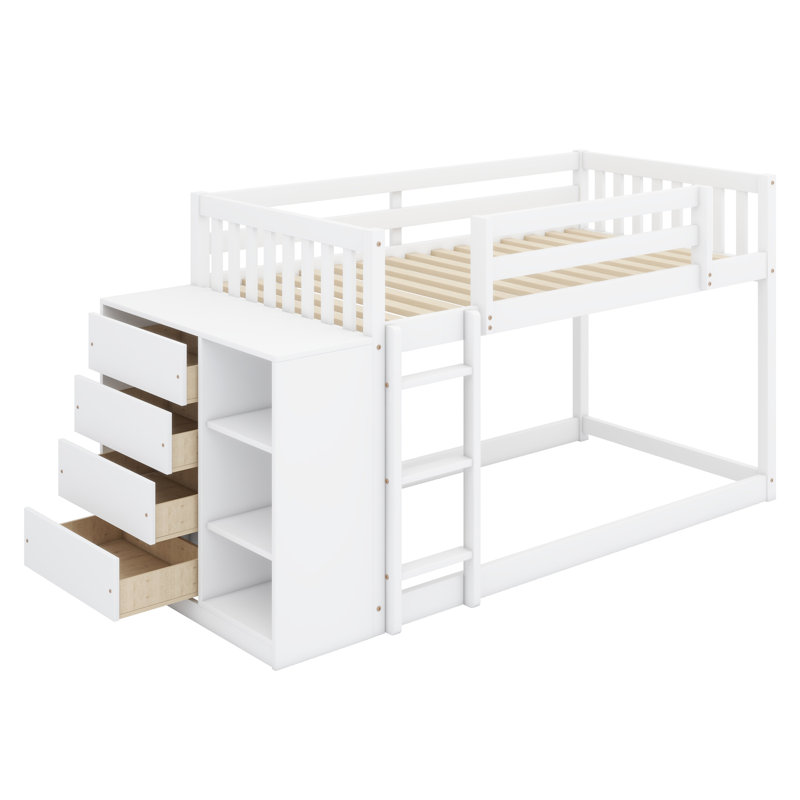 Lit superposé avec 4 tiroirs et 3 tablettes, Simple sur simple, Blanc