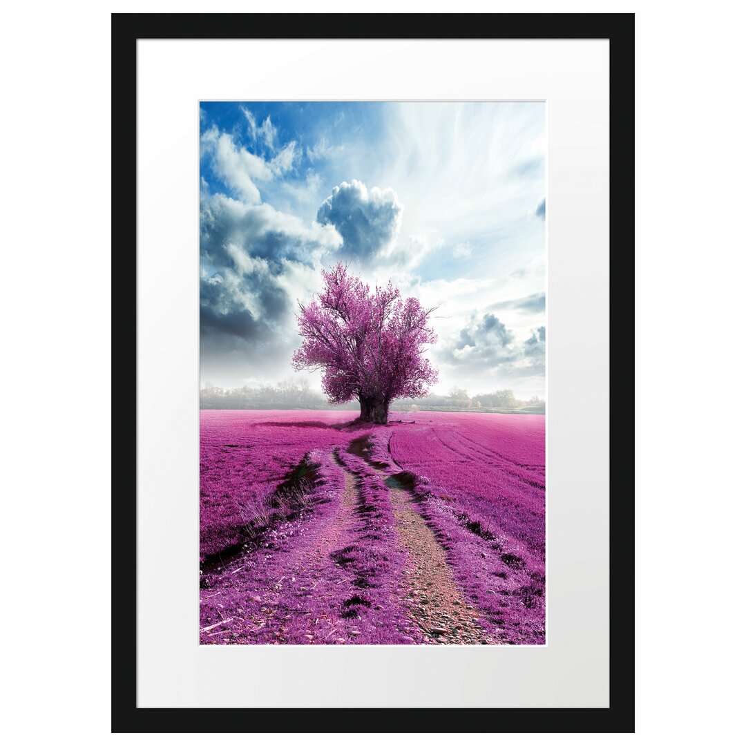 Gerahmtes Poster Rosa Feld mit einem rosa Baum