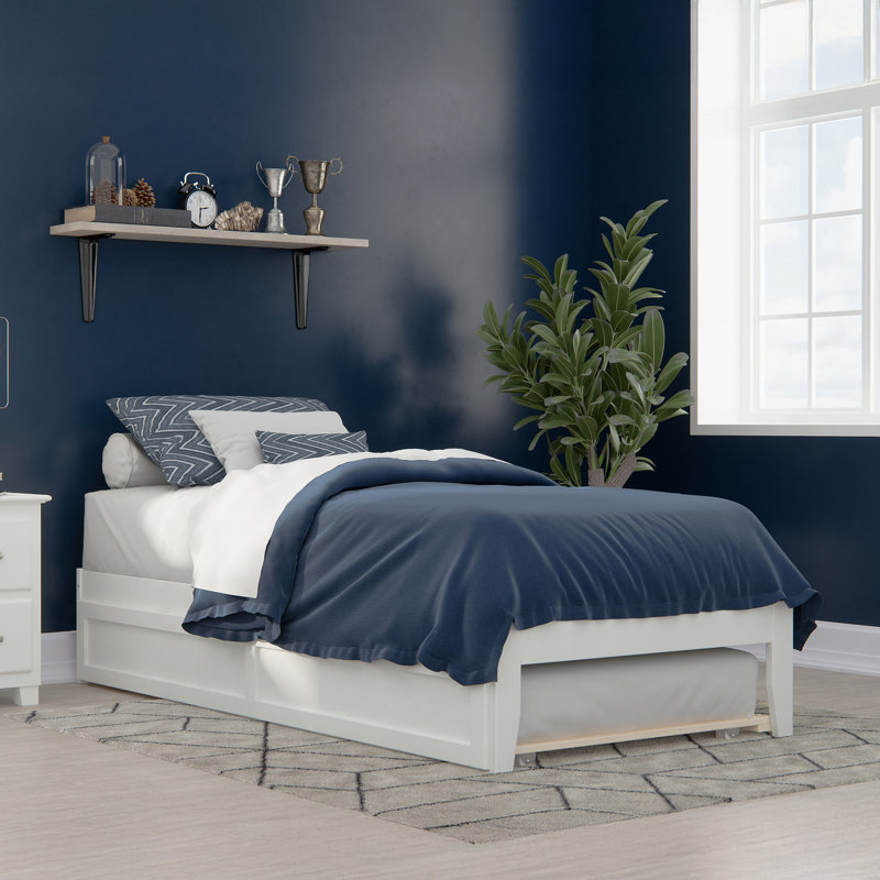 Lit plateforme robuste en bois massif avec lit gigogne Aayanna, Blanc, Simple TG