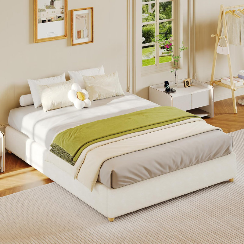 Base de lit basse sans tête de lit, lit plateforme tapissier en tissu épais, aucun sommier tapissier requis, Grand lit, Blanc