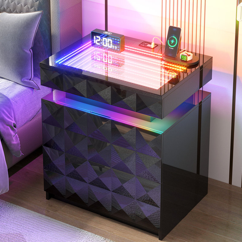 2-Drawer Nightstand with Adjustable RGB Light and Human Body Detection,Fashionable Mirror Visual Design Bedside Table with Charging Station