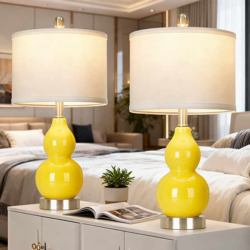 Ensemble de 2 lampes de table à double courge en céramique avec ampoules DEL, éclairage de table de chevet moderne pour chambre à coucher et salon, homologué UL