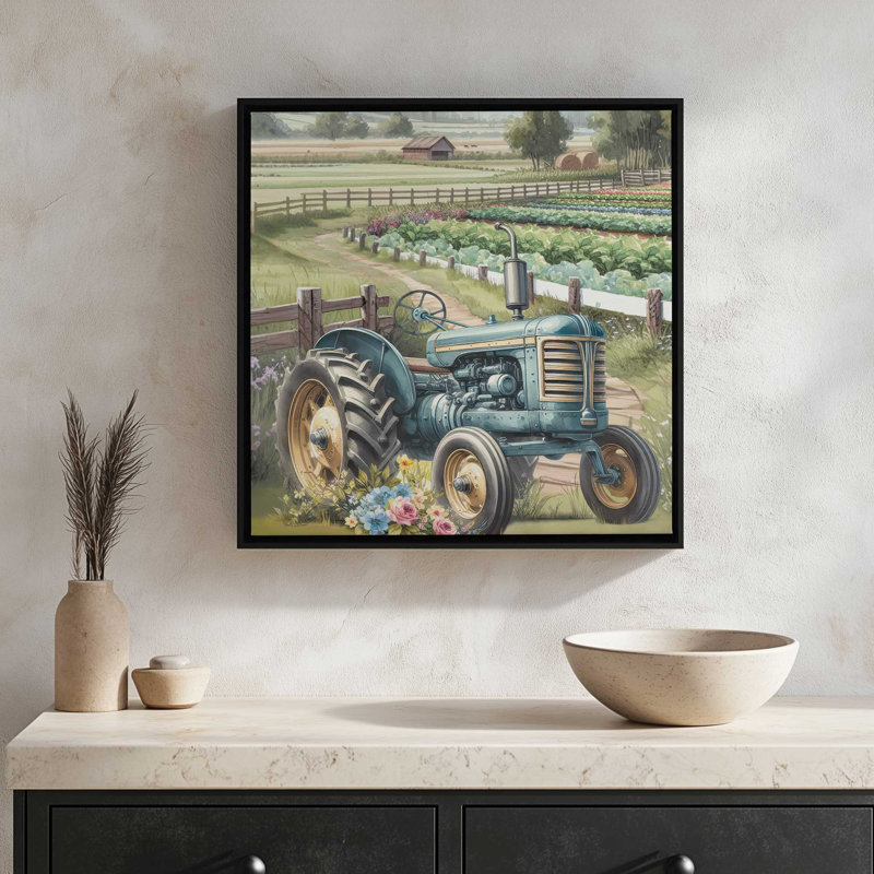 «Blue Floral Tractor» par Nicole DeCamp, reproduction d'art, Toile avec cadre, L 30 po x H 30 po, Brun
