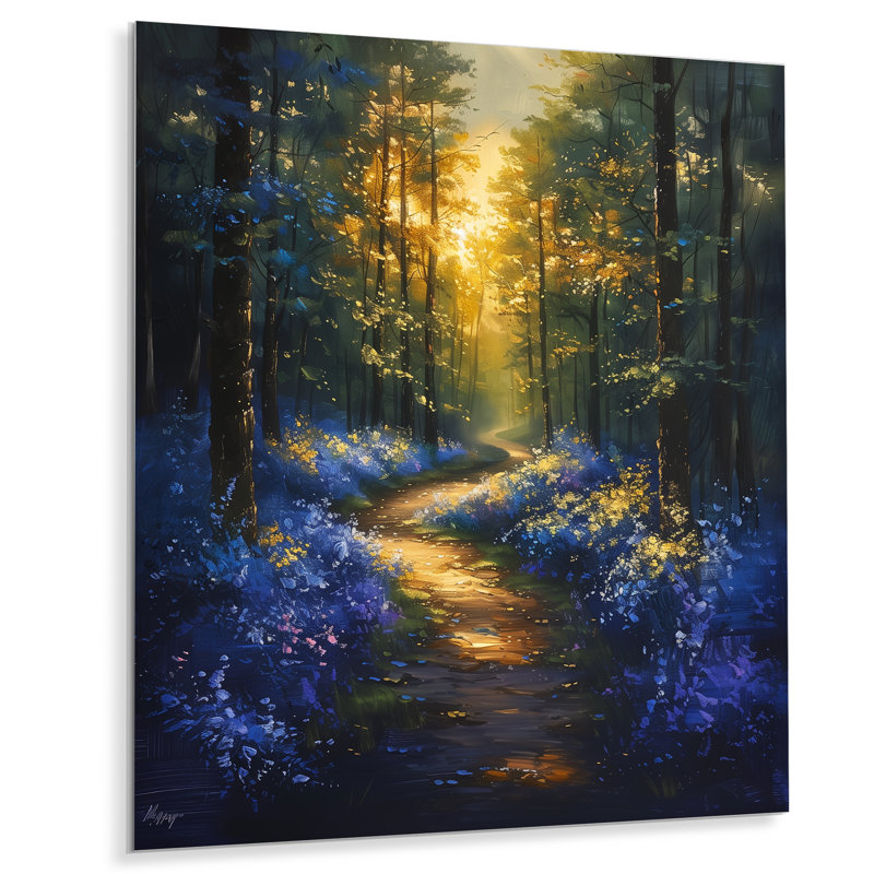 Sentier floral vert et jaune dans un bois chuchotant - impression d'art mural forêt, Métal métal, H 24 po x l 32 po x P 1 po