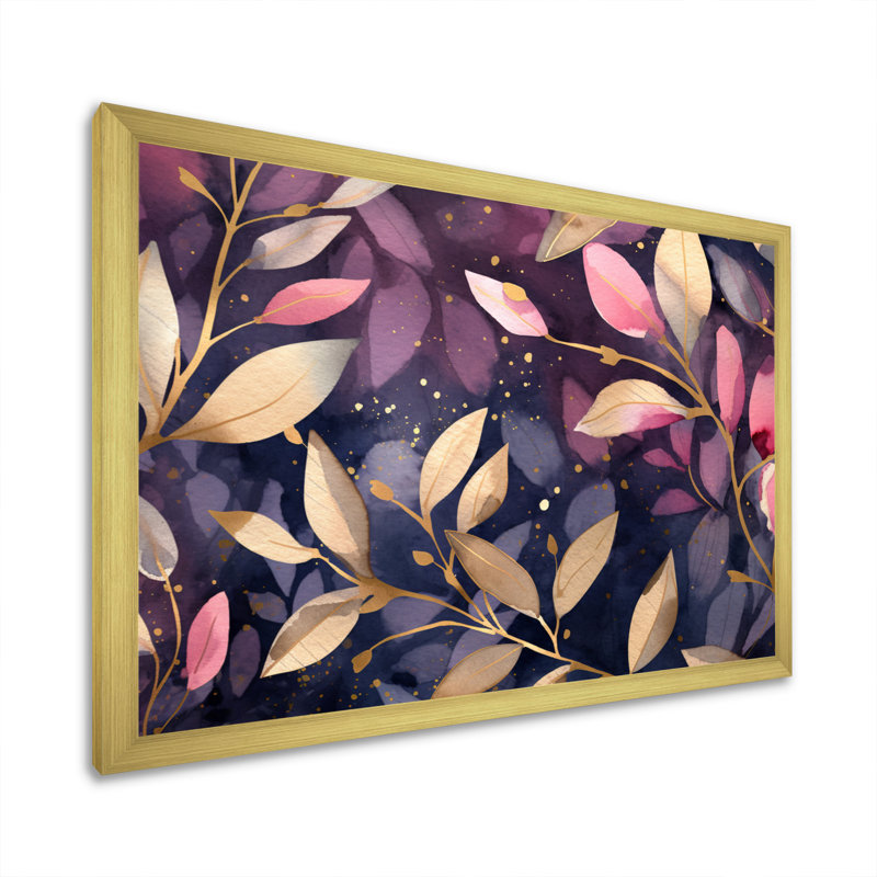 «Purple Gold Leafs Harmony» sur toile, H 34 po x l 44 po x P 1,5 po, Encadrement doré