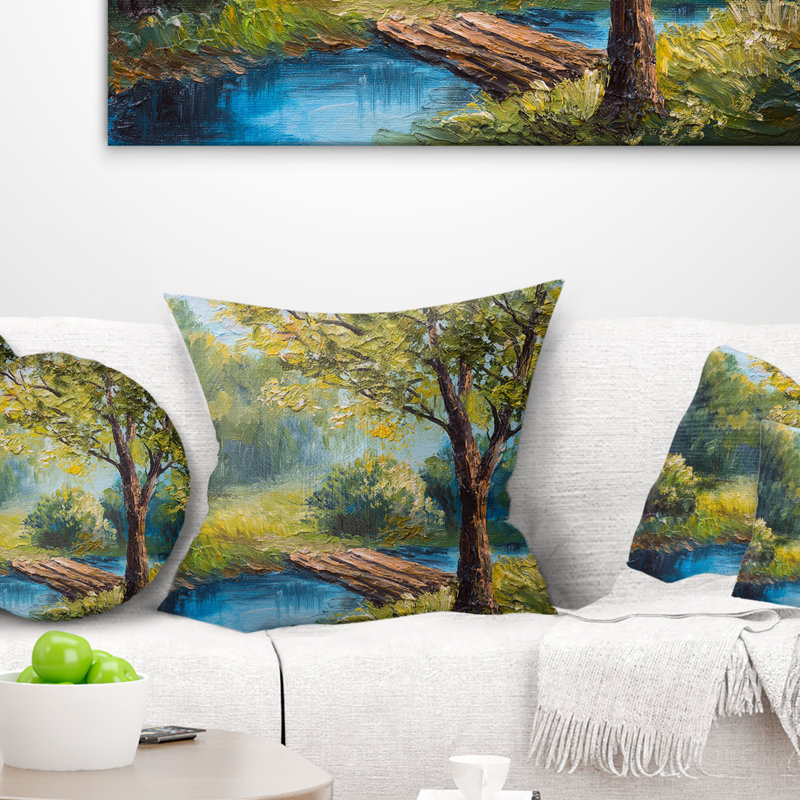 Schafer Paysage forêt d'été avec un magnifique coussin de rivière, 16 po x 1 po, Coussin décoratif