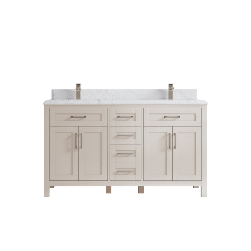 60 po Cambridge X P 22 po Meuble-lavabo double D en grain fin avec quartz blanc Empira