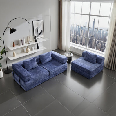 Dark Blue Convertible Floor Sectional Sofa, Compression Modular Sleeper Bed with Fixed Frame, Soft Chenille Upholstered Couch, No Assembly Required, Multi-Purpose Furniture for Bedroom, Living Room
