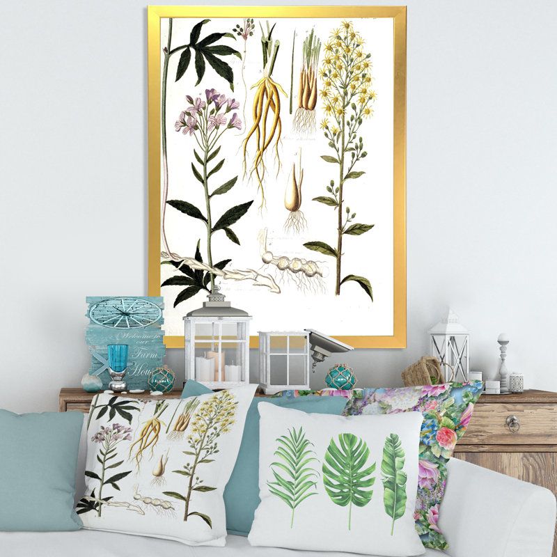 Vie végétale rétro - peinture sur toile, H 32 po x l 16 po x P 1 po, Cadre doré