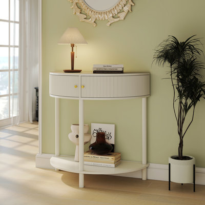 Console 31,5 "en bois massif, table de bout demi-lune unique avec 2 tiroirs de rangement et une tablette inférieure