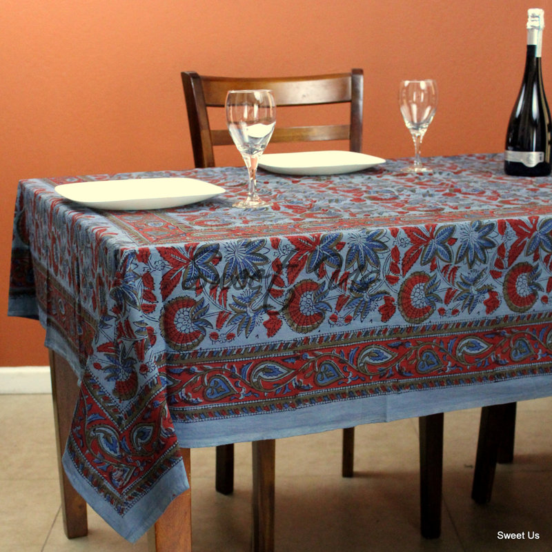 Block Print Cotton Floral Tablecloth Rectangle, Blue, 70" x 106"