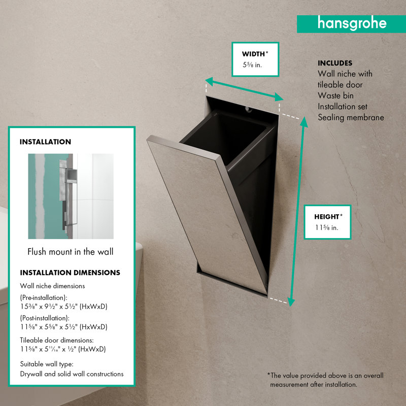 Poubelle encastrée avec tablette et porte inclinable hansgrohe XtraStoris Rock, Acier inoxydable brossé