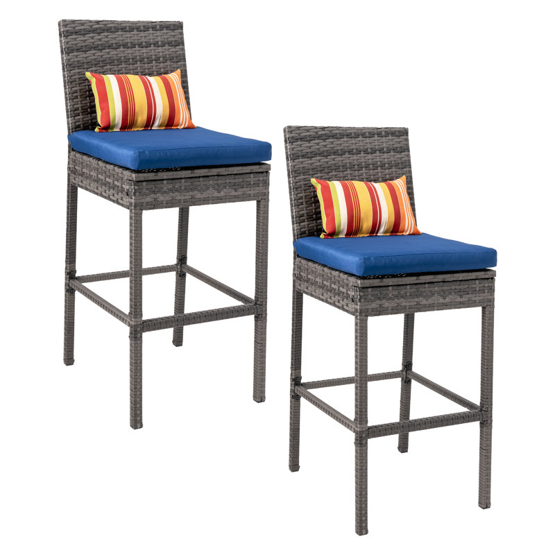 Iliff Polyethylene (PE) Wicker Outdoor 30.5'' Bar Stool with Cushion, Navy, Gray