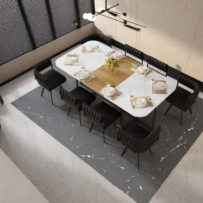 Ensemble de tables de salle à manger élégantes carrées pour 8 personnes, faux marbre et velours, style moderne