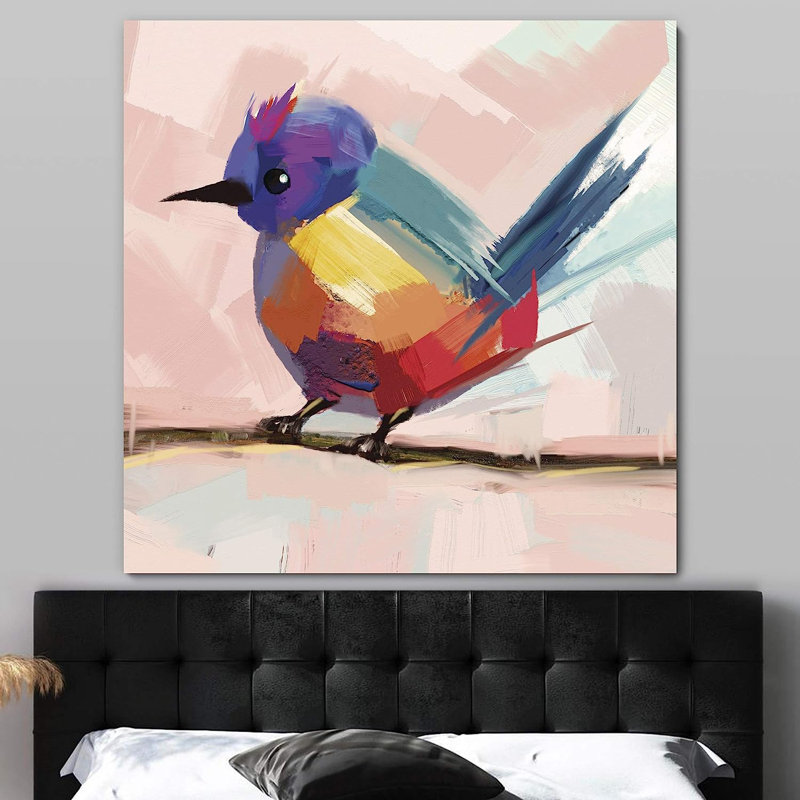 " Cute Rainbow Colour Old World Flycatcher With Red Feather In Pink Background ", 12" H x 12" W x 1.5" D