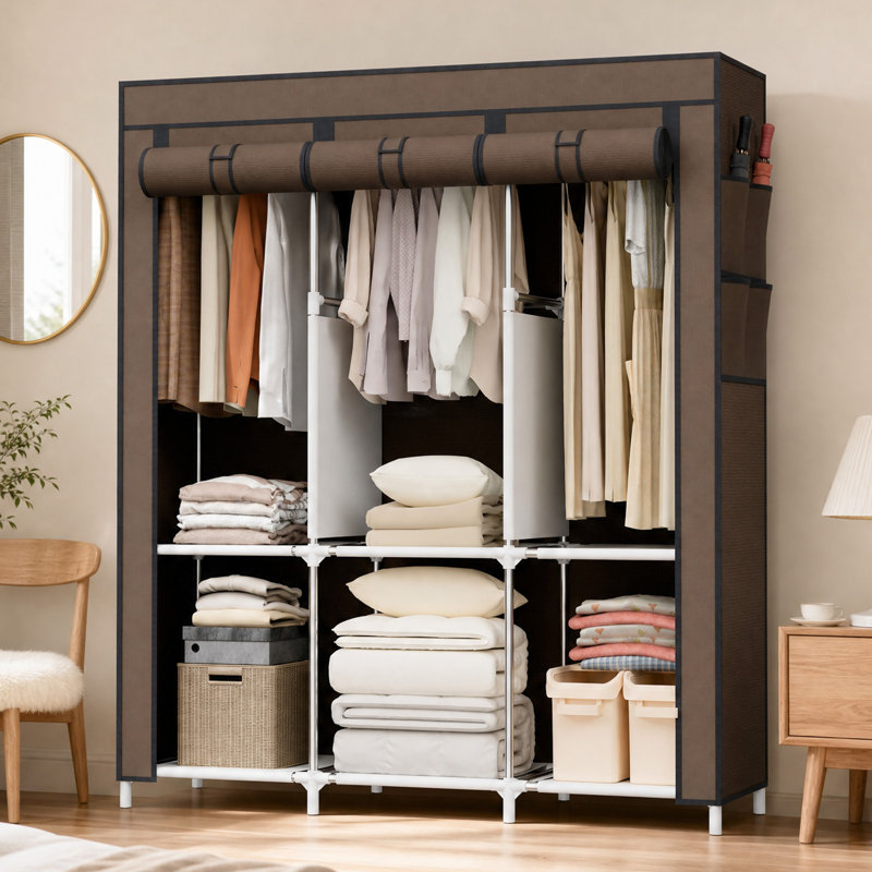 Armoire-penderie portative, portant à vêtements avec 3 barres de suspension, 6 tablettes de rangement et poche latérale, Café