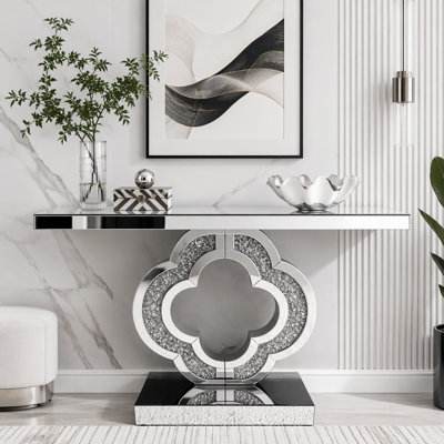 Console à miroir en forme de trèfle avec plateau en verre trempé
