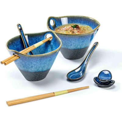 20 OZ Ramen Bowls Set, Ceramic Japanese Noodle Bowls Set Of 2, Porcelain Deep Salad Bowl With Chopsticks For Udon, Reactive Glaze, Microwave Safe (Blue A1)