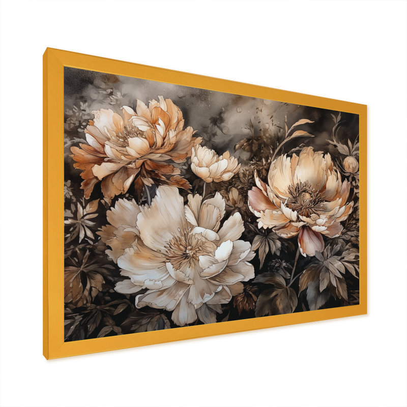 Reproduction sur toile encadrée de pivoines crème et brunes - pivoines, Cadre doré, H 34 po x l 44 po x P 1,5 po