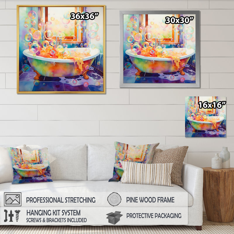 Bath Impressionist Bubbles On Canvas Print, 24" H x 24" W x 1" D, Gold Single Picture Framed