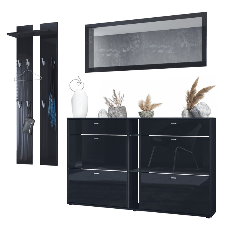Orlando 215 cm W Hallway Set with Shoe Storage, Black High Gloss/Black