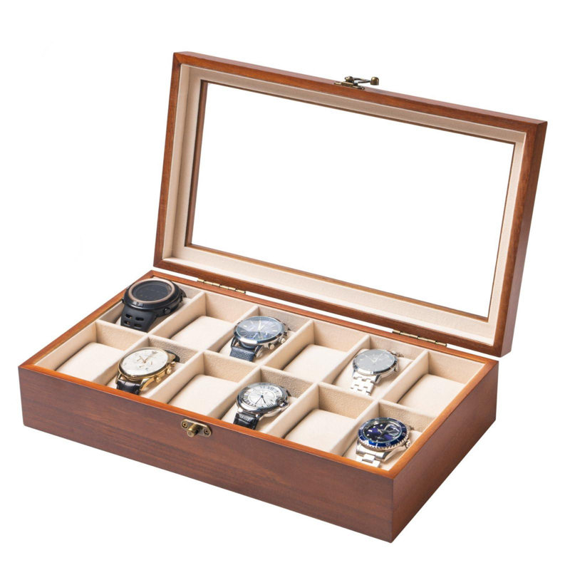 Walnut Wooden Watch Box with Glass Lid and Linen Lining