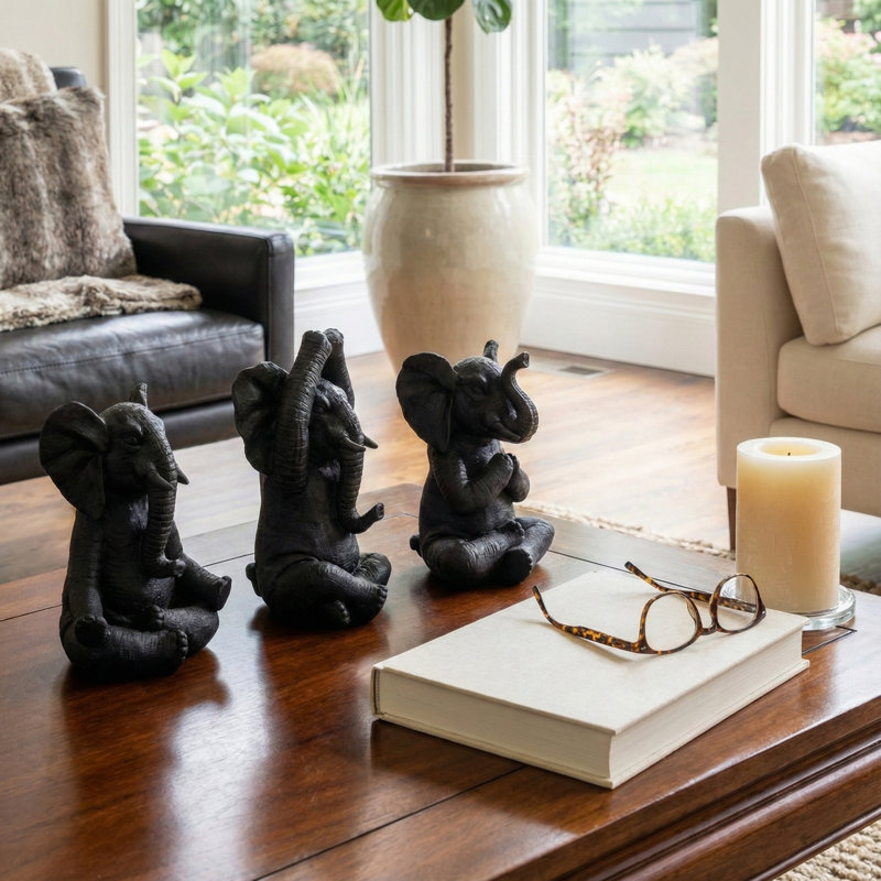 Polyresin Elephant Figurines Sculpture for Home Decor - Decorative Statue Accent for Office, or for Living Room Decoration - Set of 3, 9", 8", 8"